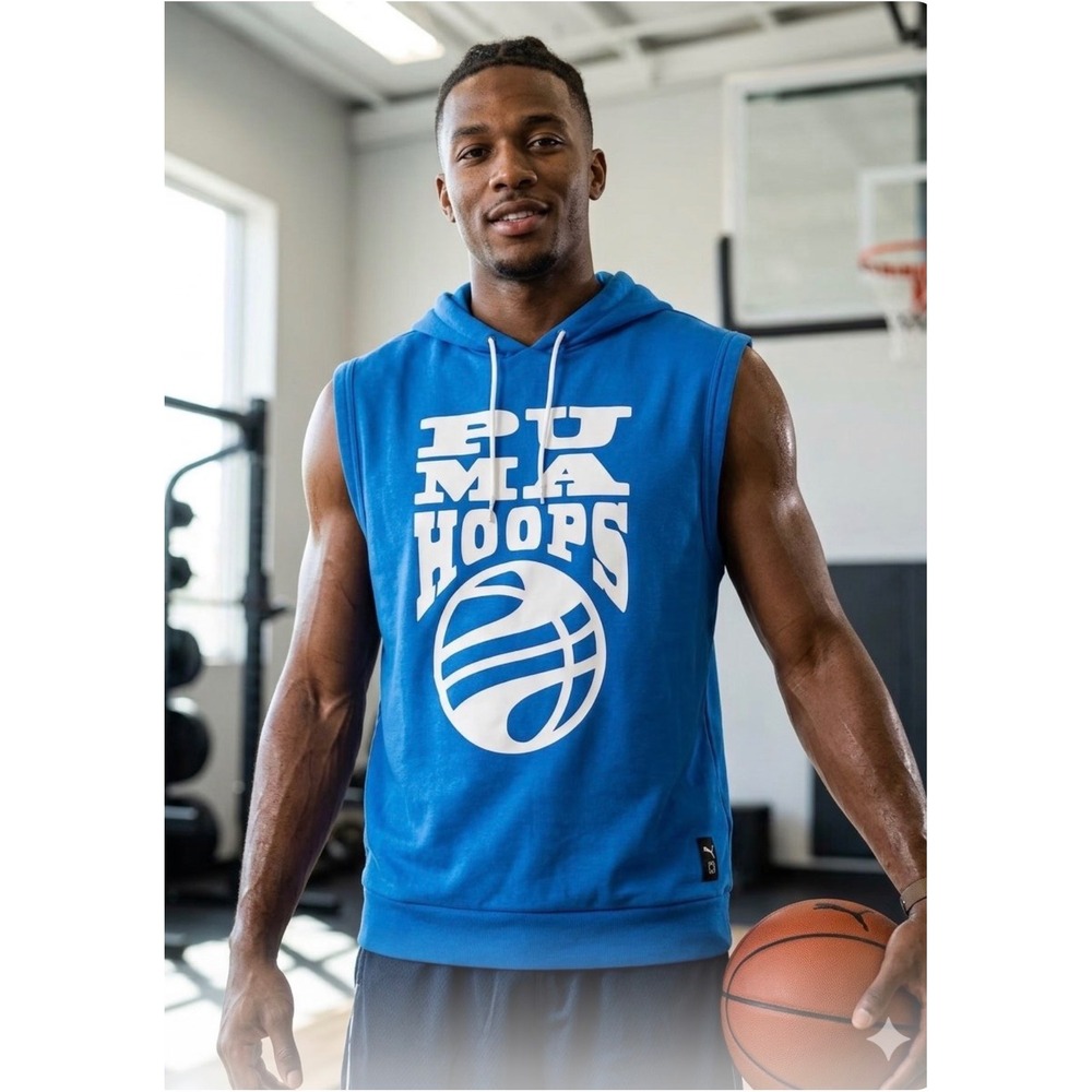 Puma Hoops Men Blue Sleeveless Hoodie Basketball Graphic Vest 682063-03 Medium